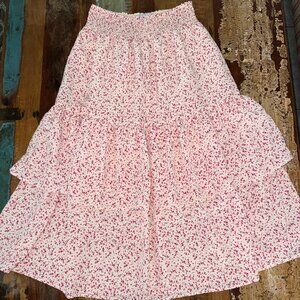 Senlis Miranda Tiered Pink Country Floral Pull On Midi Skirt Size Small‎